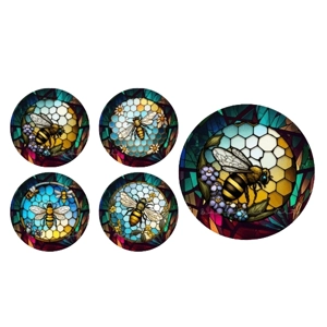Set of 4 Bee Stained Glass Effect Round MDF Coaster - Set-30