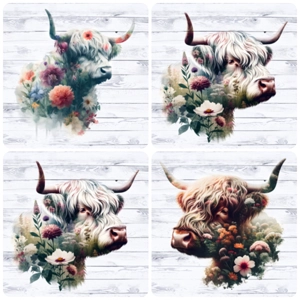 Set of 4 Highland Cow Square MDF Coaster - Set-101