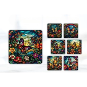Set of 6 Stained Glass Effect Butterfly  Square MDF Coasters - Set-104