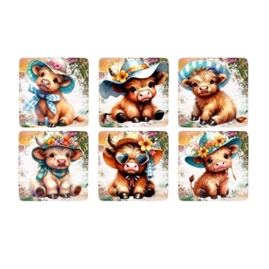 Set of 6 Cute Highland Cow Square MDF Coaster - Set-100