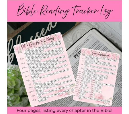 Printable Bible Reading Tracker Log | Pink roses chapter by chapter checklist for reading the Bible