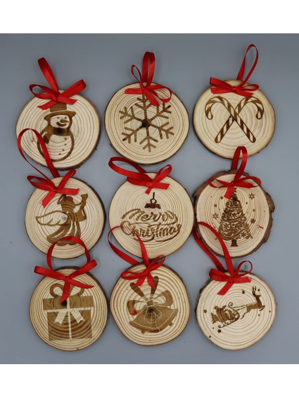 Real log slice Christmas tree hanging decorations set of 9 designs