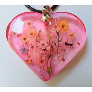 Handmade pendant heart shaped Floral wildflower with glitter themes