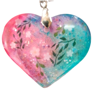 Reiki charged handmade pendant heart shaped floral glitter pink and blue