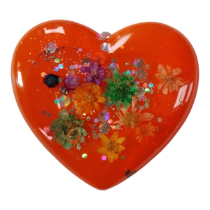 Red Heart Shaped Pendant floral glitter Handmade 5cm X 4.5cm Valentines day statement piece