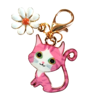 Beautiful Cute kitten cat and daisy whimsical Keyring/Handbag Charm