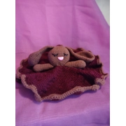 Handmade Sleeping Bunny Lovey with Burgundy Skirt – Soft Crochet Baby Security Blanket