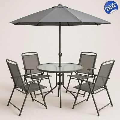 table set with 4 folding chairs and parasol 100x70 cm