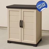 Beige and black storage cabinet with doors and adjustable ..