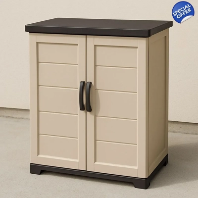 Beige and black storage cabinet with doors and adjustable shelves 90x45x94 cm
