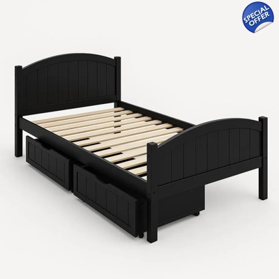 Black single bed with 2 drawers 200×100×80 cm Black single bed with 2 drawers 200×100×80 cm