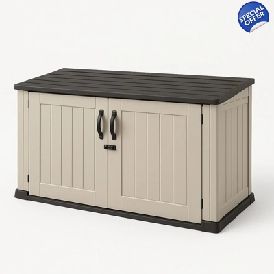 Beige and black storage chest 139.5x70x92.5 cm with double door and lock