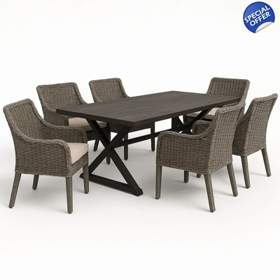 dining set with 6 gray rattan chairs
