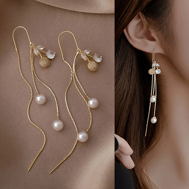 Additional Image for Cherry design ear threader with rhinestone and artificial pearl detail