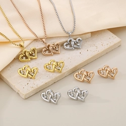 Double heart necklace and matching ear studs