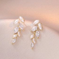 Artificial pearl and rhinestone leaf drop earrings