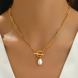 T Bar necklace with artificial pearl pendant