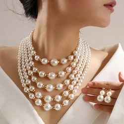 Mixed size imitation pearl necklace and matching drop earrings