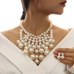 Mixed size imitation pearl necklace and matching drop earrings