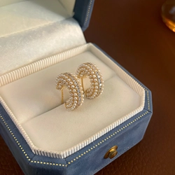 Rhinestone and artificial pearl C shape earrings