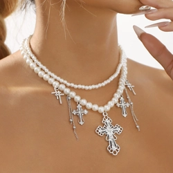 Double layer imitation pearl necklace with cross and chain pendants