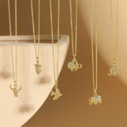 Cable chain necklace with zircon animal pendants - Elephant / Owl / Bull head ..