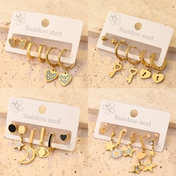 3 pairs of earrings - Love Heart / Lock & Key / Stars