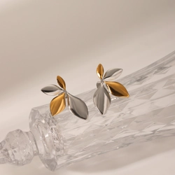 Two tone leaf design ear studs