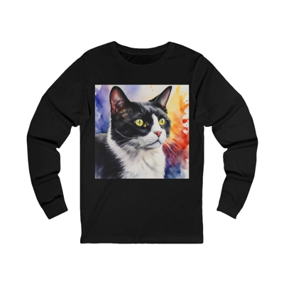Black And White Tuxedo Cat Watercolor Long Sleeve T-Shirt