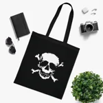 Black Skull and Crossbones Distressed Cotton Shopping Tote Bag