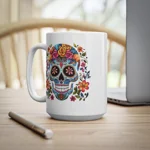 Blue Sugar Skull With Bright Flowers Coffee Mug