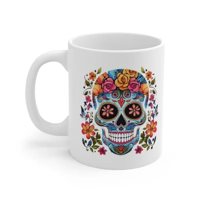 Blue Sugar Skull With Bright Flowers Coffee Mug