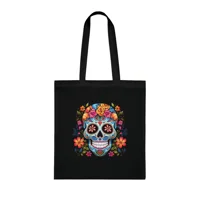 Blue Sugar Skull With Bright Flowers Cotton Shopping Tote Bag