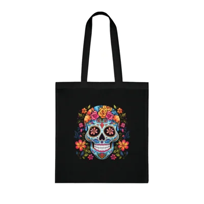 Blue Sugar Skull With Bright Flowers Cotton Shopping Tote Bag