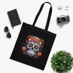 Blue Sugar Skull With Bright Flowers Cotton Shopping Tote Bag