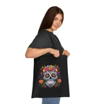 Blue Sugar Skull With Bright Flowers Cotton Shopping Tote Bag