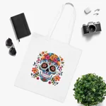 Blue Sugar Skull With Bright Flowers Cotton Shopping Tote Bag