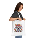Blue Sugar Skull With Bright Flowers Cotton Shopping Tote Bag