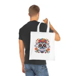 Blue Sugar Skull With Bright Flowers Cotton Shopping Tote Bag
