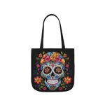 Blue Sugar Skull With Bright Flowers Shoulder Tote Bag