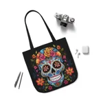 Blue Sugar Skull With Bright Flowers Shoulder Tote Bag