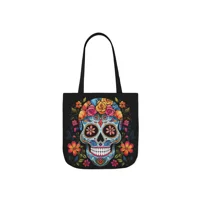 Blue Sugar Skull With Bright Flowers Shoulder Tote Bag
