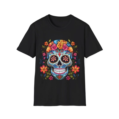 Blue Sugar Skull With Bright Flowers T-Shirt