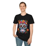 Blue Sugar Skull With Bright Flowers T-Shirt
