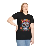 Blue Sugar Skull With Bright Flowers T-Shirt