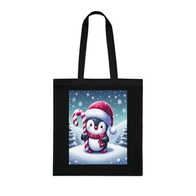 Christmas Candy Cane Penguin Cotton Shopping Tote Bag
