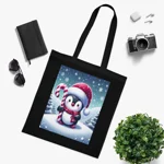 Christmas Candy Cane Penguin Cotton Shopping Tote Bag
