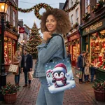 Christmas Candy Cane Penguin Shoulder Tote Bag
