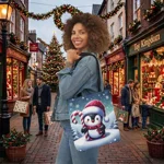Christmas Candy Cane Penguin Shoulder Tote Bag