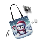 Christmas Candy Cane Penguin Shoulder Tote Bag